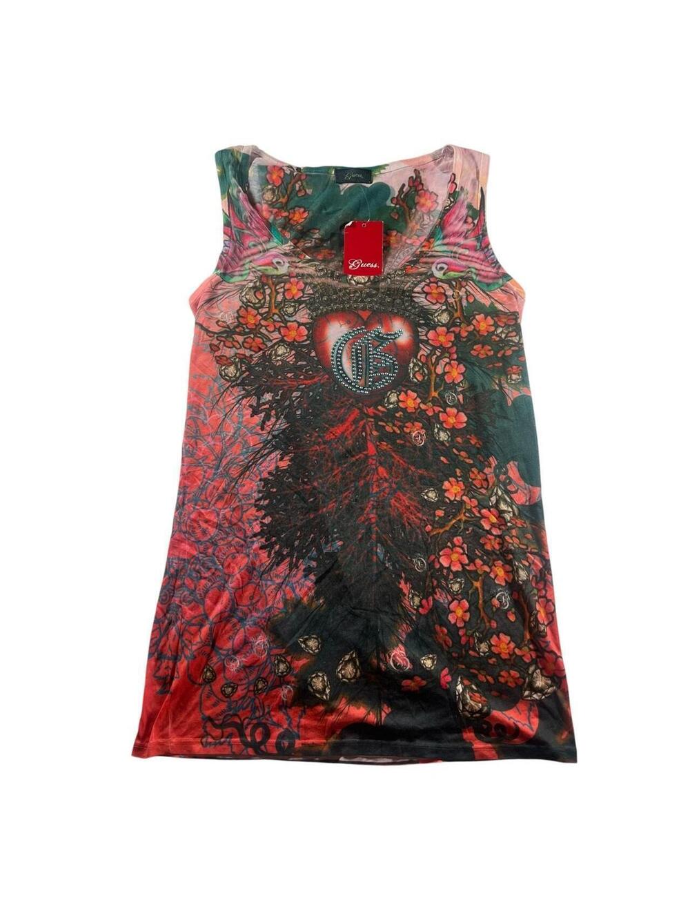 Deadstock Guess Tattoo Graphic Rhinestone Heart Tank Top